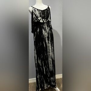 Japna Black/Silver Boho Maxi Dress Size M, Ruffle Accents, Cold Shoulder Sleeve